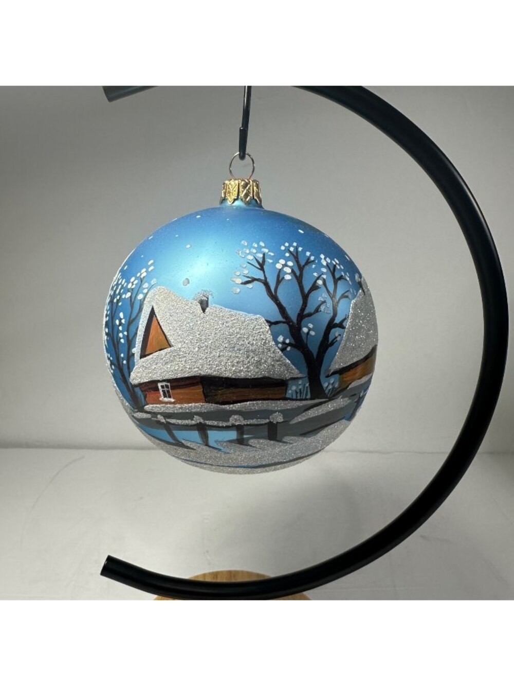 Hand-Painted Glass Christmas Ornament Winter Village Scene & Folk Couple Design